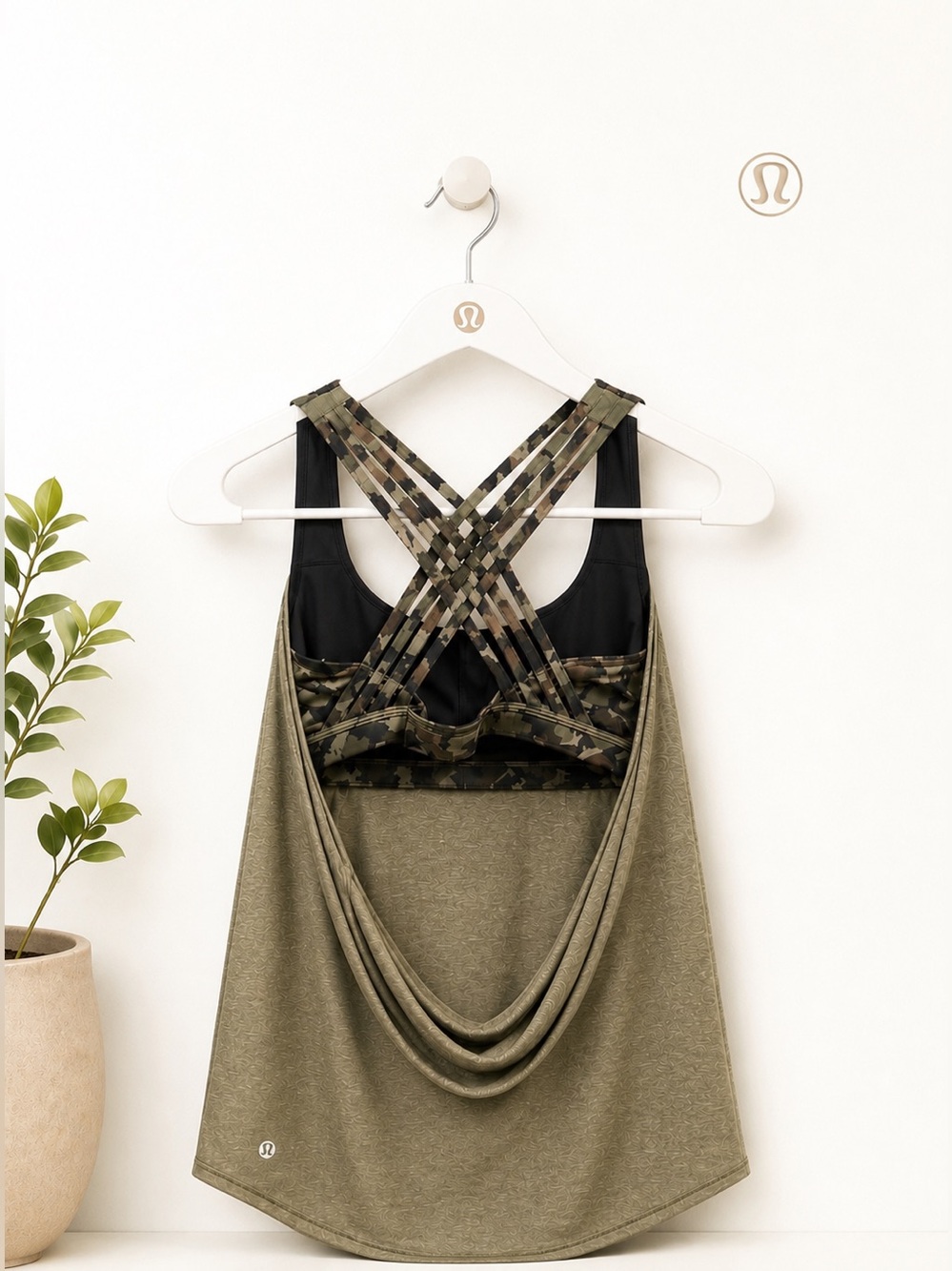 Lululemon athletica Olive Green Tank with Camo Cross-Back Sports Bra
